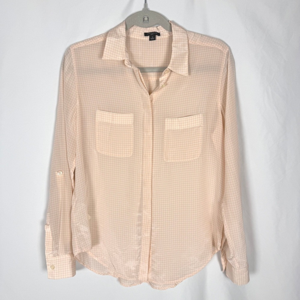 Ann Taylor 100% Silk Pink White Checked Grid Button Up Blouse - Size Small EUC